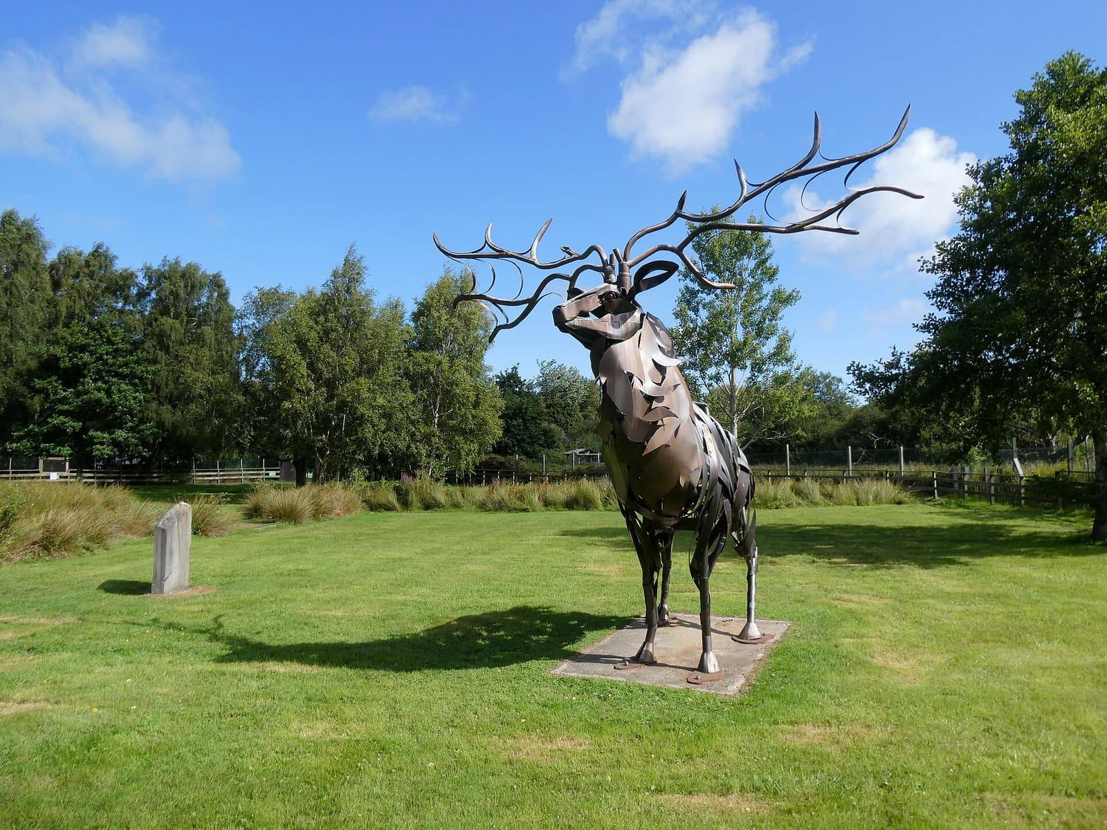 A large metal sculpture of a giant elk with wide antlers standing on the grass at Curraghs Wildlife Park.