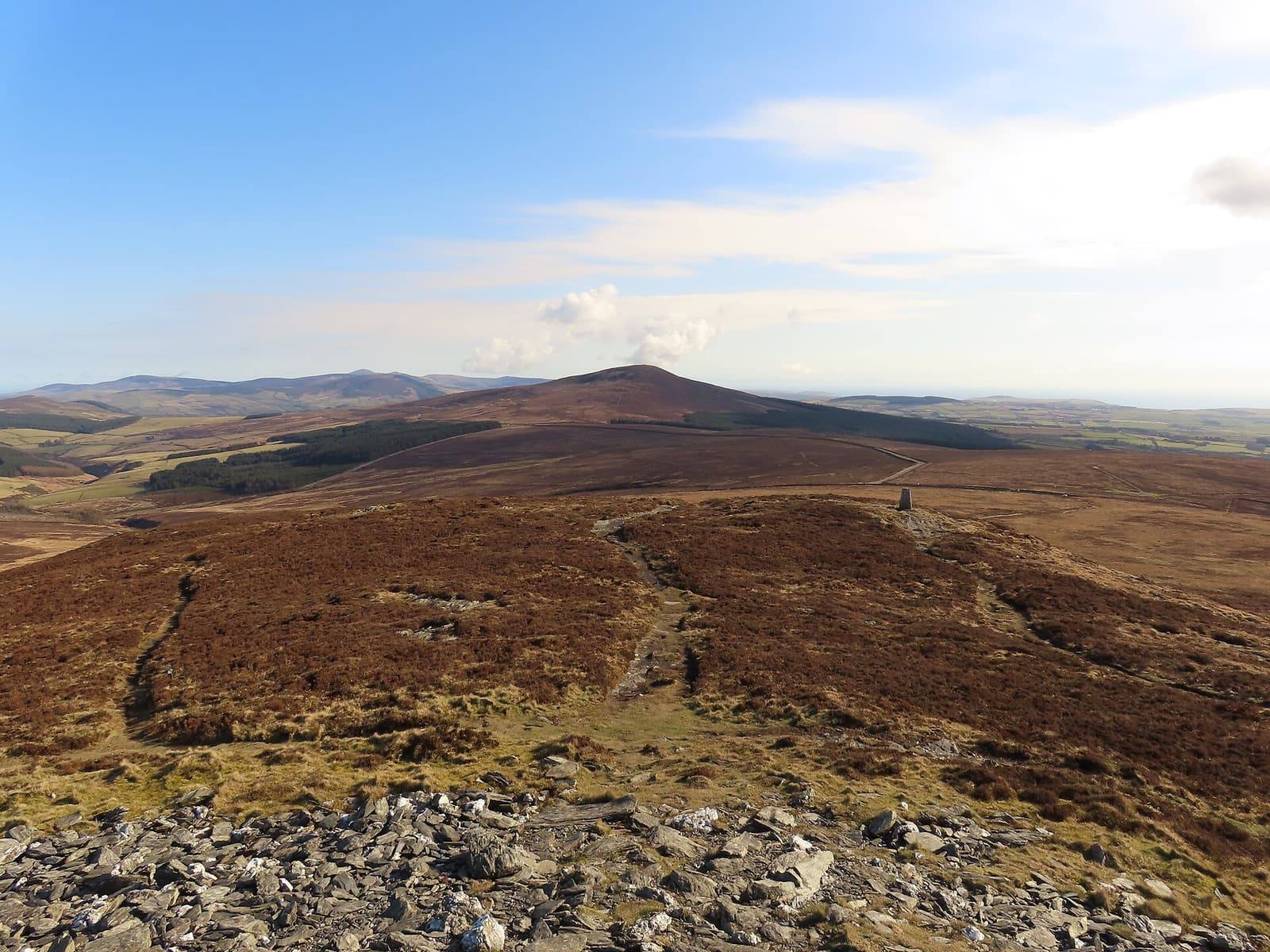 Open brown heather moorland on the hills of the south-west, rising towards the rounded summit of South Barrule.